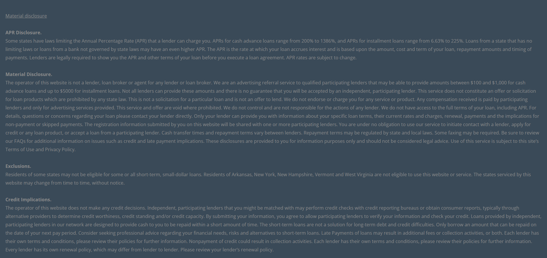 Material disclosure for payday loans in Irving Texas